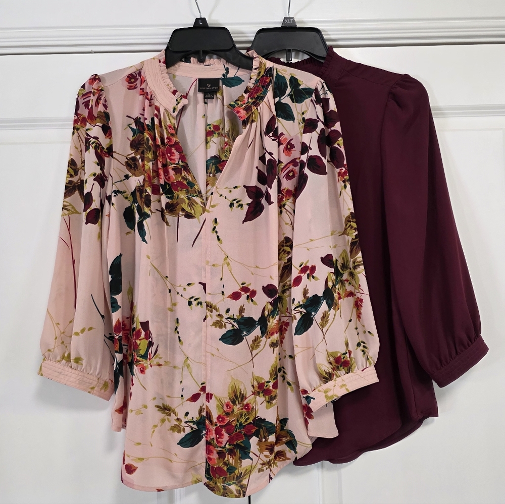 Two Worthington Flowy Chiffon Blouses Pink Floral And Wine Size Large